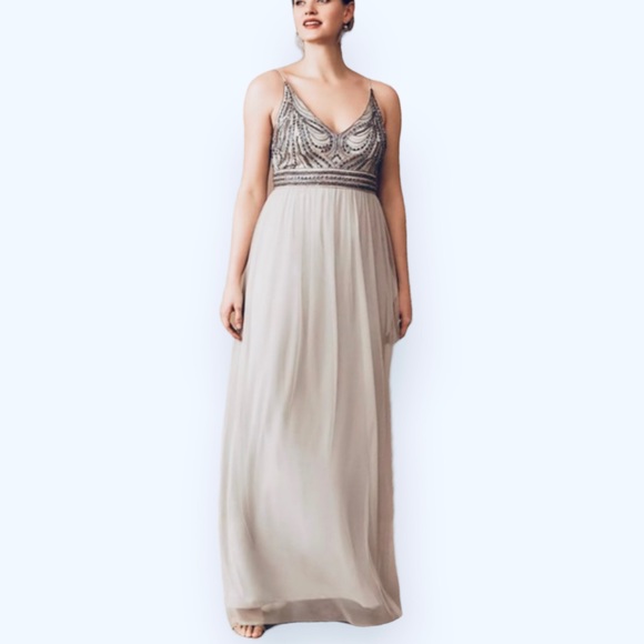 BHLDN Vilette 20 Blue Grey Fog Beaded Sequin Bodice Tulle Skirt Maxi Gown - Picture 9 of 10